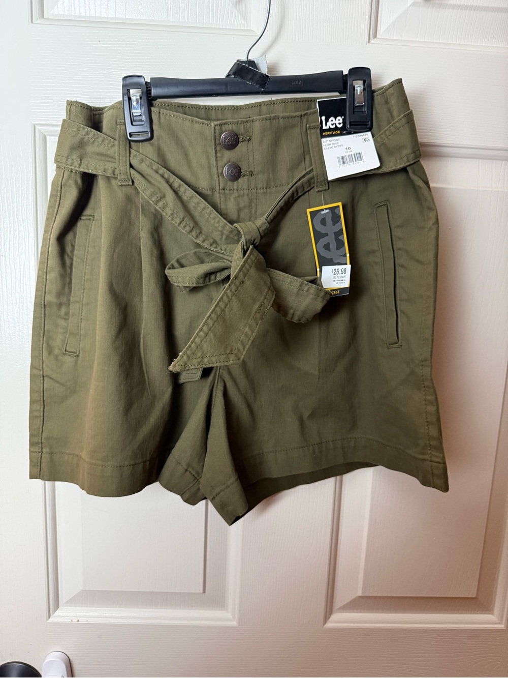 Lee Olive High-Rise Paperbag Tie-Belt Shorts